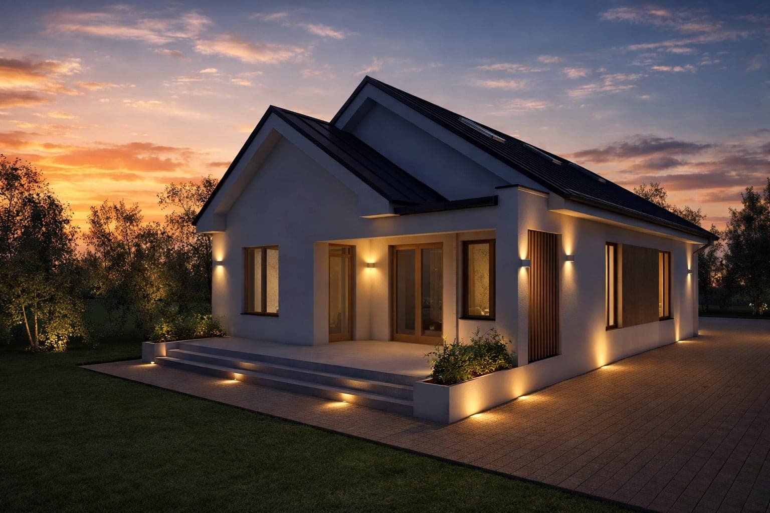 Casă finalizată de Construcții Mărcuț, fotografiată în amurg, cu fațadă albă și tâmplărie din lemn