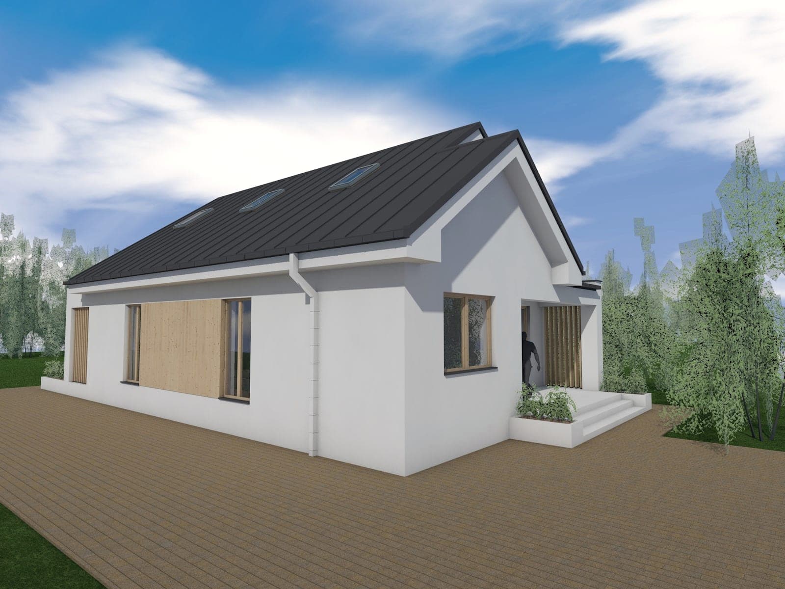 Randare 3D a unei case cu mansardă și fațadă placată parțial cu lemn