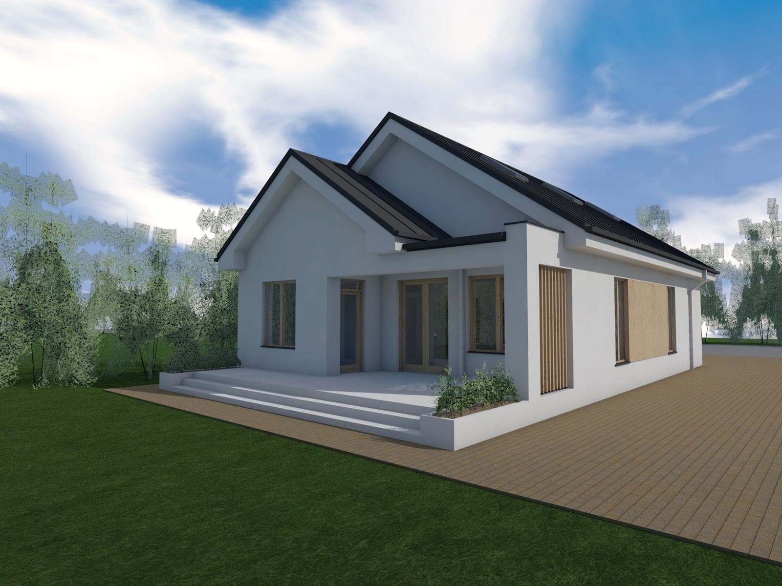 Randare 3D a unei case parter cu terasă acoperită și placare din lemn